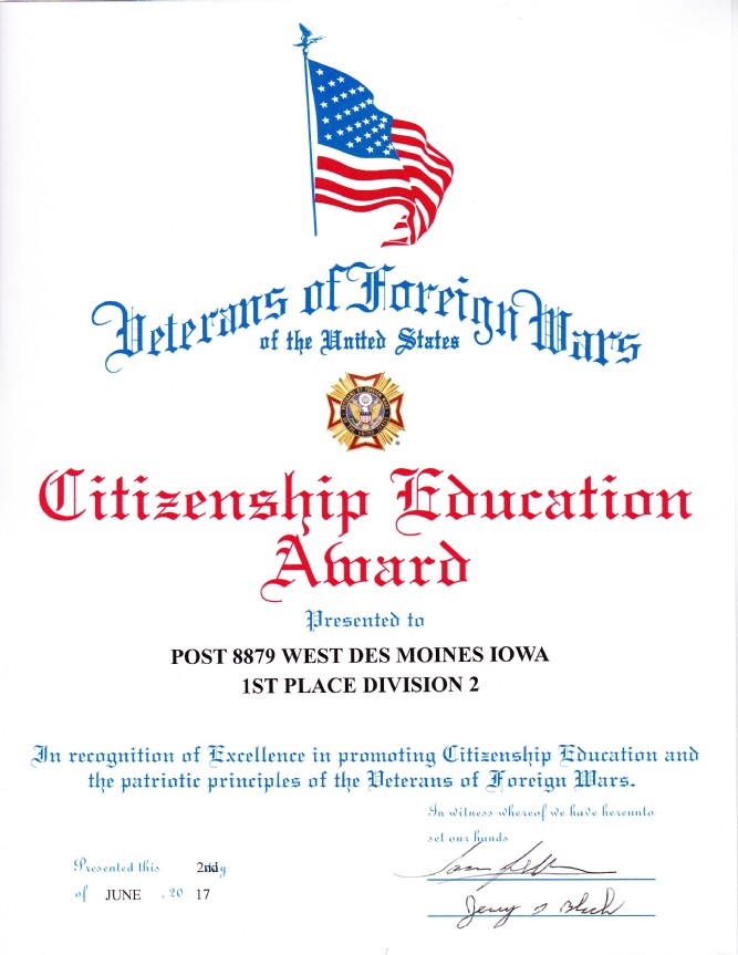 Post 8879 is awarded 1st Place for Citizenship Education.